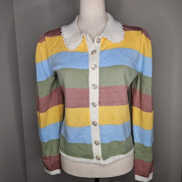 so it is Sweaters - Button up color block striped sweater with doily lace collar Large SO IT IS 085